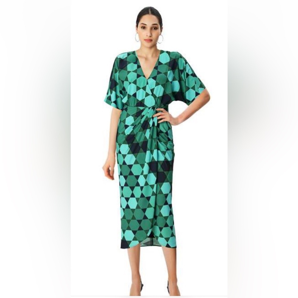 eshakti Faux Wrap Geometric Green and Black Dress